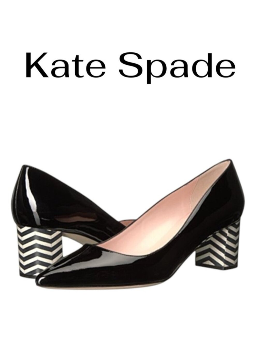 Kate Spade New York Milan Pumps shoes black patent leather white BLOCK HEEL 7.5